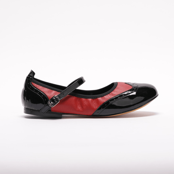 Premium Women's Mary Jane rock and roll dance flats in black patent and red leather with genuine leather sole 