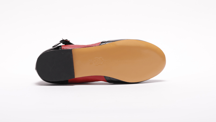 Premium Women's Mary Jane rock and roll dance flats in black patent and red leather with genuine leather sole