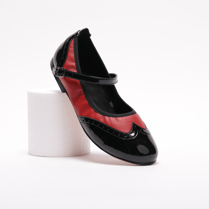 Premium Women's Mary Jane rock and roll dance flats in black patent and red leather with genuine leather sole