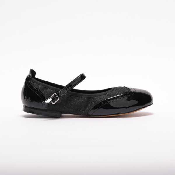 Premium women's Mary Jane rock and roll dance flats in black patent with black sparkle with genuine leather sole 
