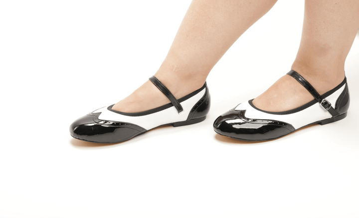 Premium-Women's-Mary-Jane-rock-and-roll-dance-flats-in black-patent-and-white-leather-with-genuine-leather-sole