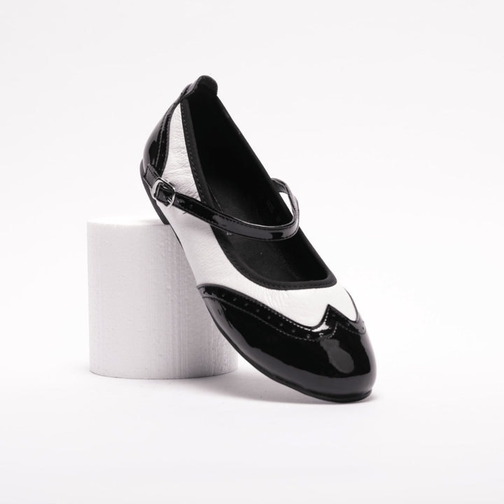 Premium-Women's-Mary-Jane-rock-and-roll-dance-flats-in black-patent-and-white-leather-with-genuine-leather-sole