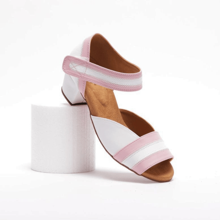 Premium women's vegan leather pink and white dance sandal in 1.5 inch cuban heel with velcro strap