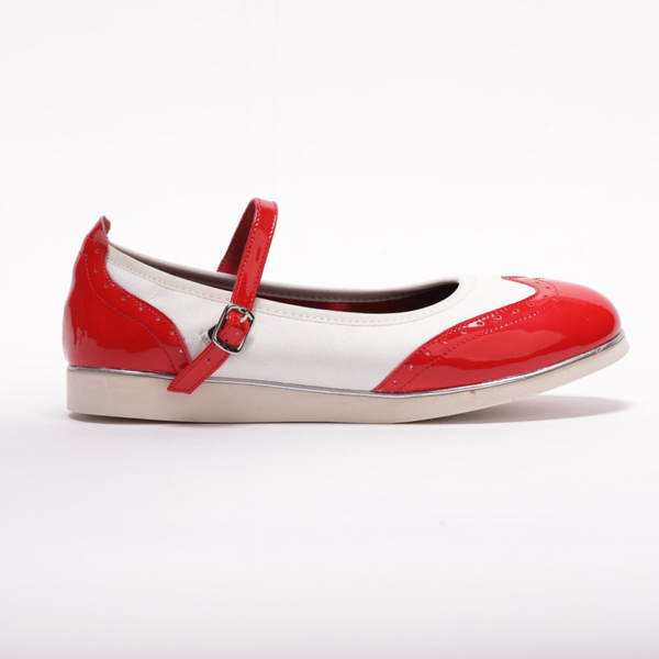7820RW - Ladies, Classic, Mary Jane, Wingtip in Red Patent and White Leather Dance Shoe.