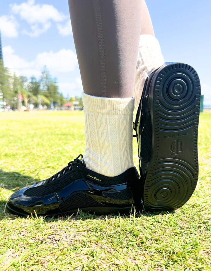 Premium Ladies Raised Duo Pivot Spin Spots Dance Sneaker In Black Patent And Micro Netting