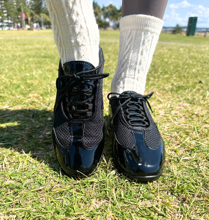 Premium Ladies Raised Duo Pivot Spin Spots Dance Sneaker In Black Patent And Micro Netting