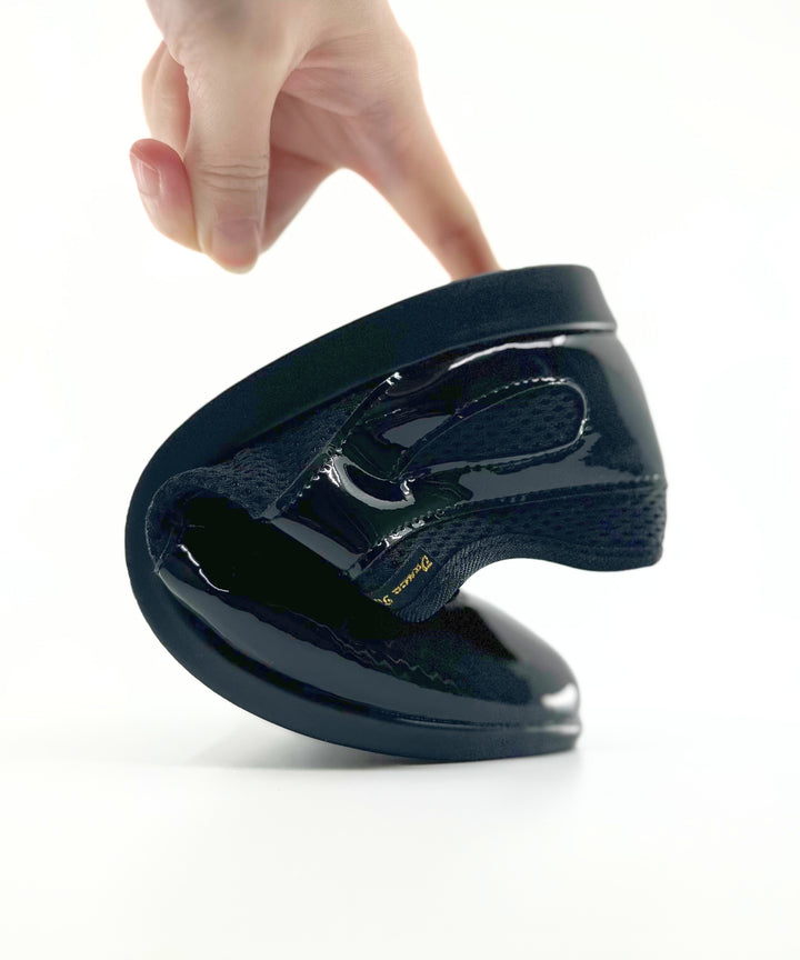 Premium Ladies Raised Duo Pivot Spin Spots Dance Sneaker In Black Patent And Micro Netting