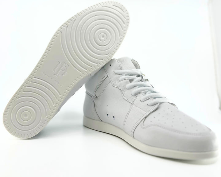 Premium women's high top dance sneaker in white leather featuring raised duo pivot spin spots out sole
