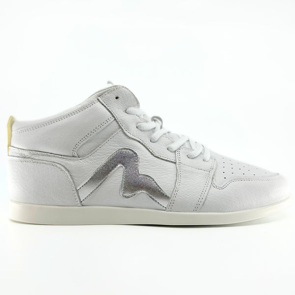 Premium women's high top dance sneaker in white leather featuring raised duo pivot spin spots out sole