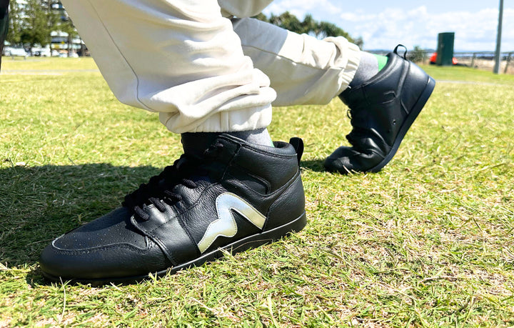 Premium Men's High Top Dance Sneaker In Black Leather Featuring Raised Duo Pivot Spin Spots Out Sole