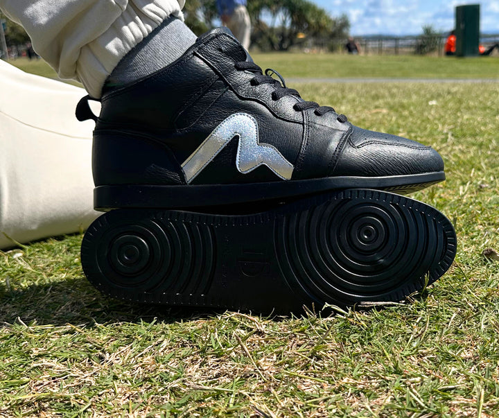 Premium Men's High Top Dance Sneaker In Black Leather Featuring Raised Duo Pivot Spin Spots Out Sole