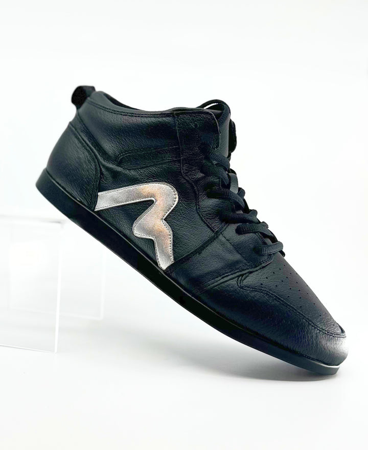 Premium Men's High Top Dance Sneaker In Black Leather Featuring Raised Duo Pivot Spin Spots Out Sole