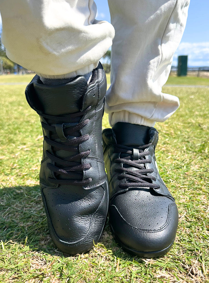 Premium Men's High Top Dance Sneaker In Black Leather Featuring Raised Duo Pivot Spin Spots Out Sole