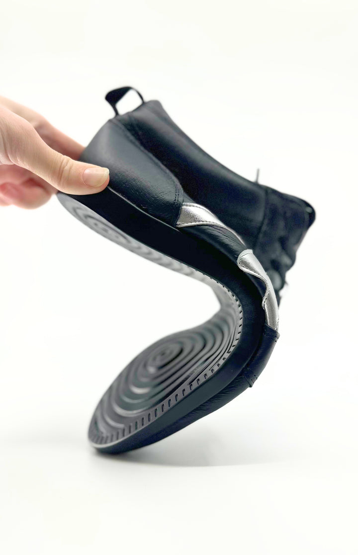 Premium Men's High Top Dance Sneaker In Black Leather Featuring Raised Duo Pivot Spin Spots Out Sole