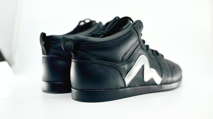 Premium Men's High Top Dance Sneaker In Black Leather Featuring Raised Duo Pivot Spin Spots Out Sole