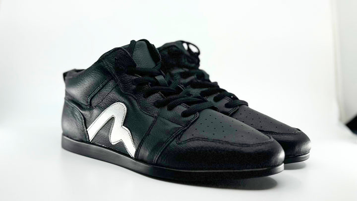 Premium Men's High Top Dance Sneaker In Black Leather Featuring Raised Duo Pivot Spin Spots Out Sole