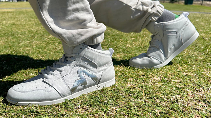 Premium Men's High Top Dance Sneaker In White Leather Featuring Raised Duo Pivot Spin Spots Out Sole