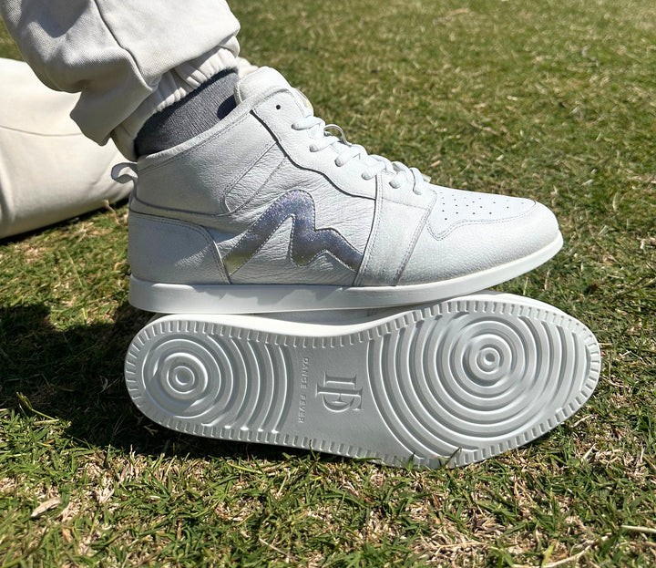 Premium Men's High Top Dance Sneaker In White Leather Featuring Raised Duo Pivot Spin Spots Out Sole
