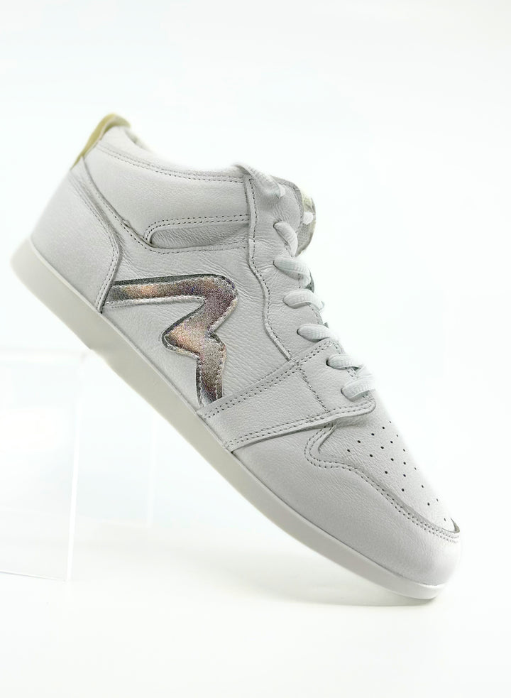 Premium Men's High Top Dance Sneaker In White Leather Featuring Raised Duo Pivot Spin Spots Out Sole
