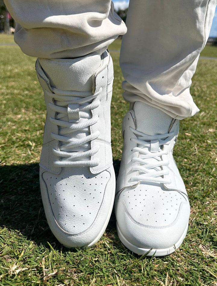 Premium Men's High Top Dance Sneaker In White Leather Featuring Raised Duo Pivot Spin Spots Out Sole