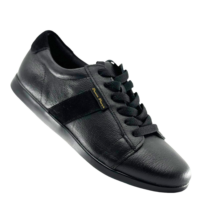 Women premium black leather dance sneaker with raised dual pivot spots