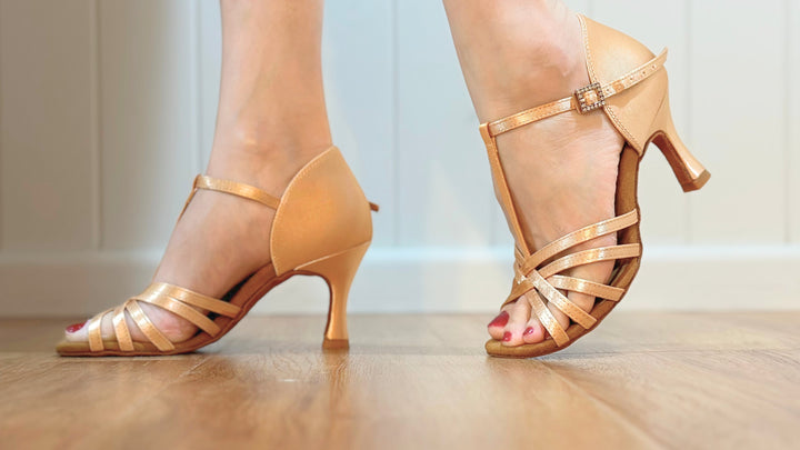Beige Premium Latin Dance Sandal In 2.5 inch Flared Heel With Tbar Design