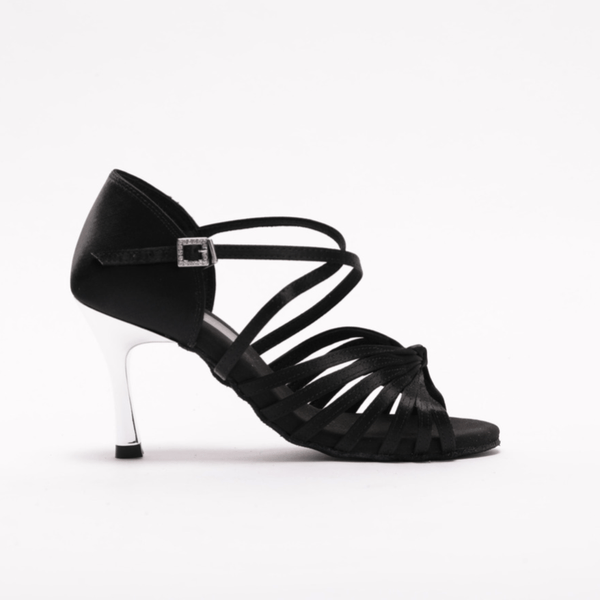 High Performance Latin Dance Sandal In Black Satin With 3.3 Inch Metallic Stiletto Heels