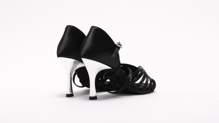 High Performance Latin Dance Sandal In Black Satin With 3.3 Inch Metallic Stiletto Heels
