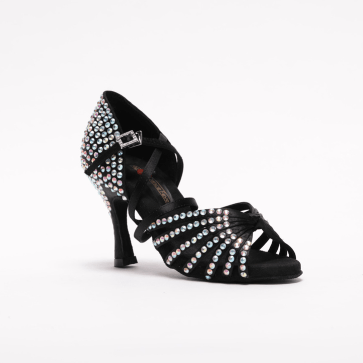 Premium Black Latin Dance Sandal With White Diamanté In 3.3 Inch Flared Heel