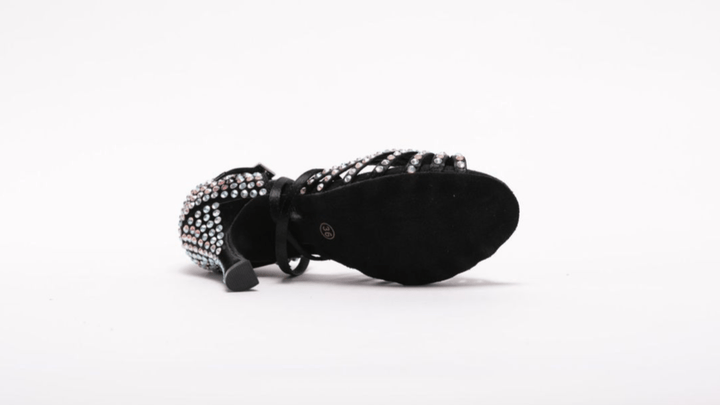 Premium Black Latin Dance Sandal With White Diamanté In 3.3 Inch Flared Heel
