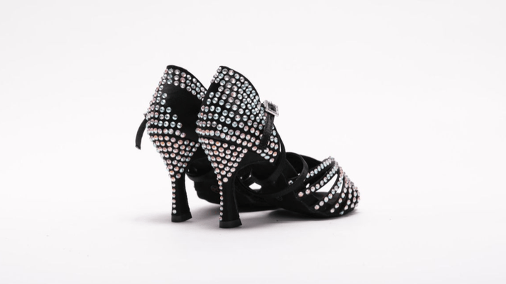 Premium Black Latin Dance Sandal With White Diamanté In 3.3 Inch Flared Heel