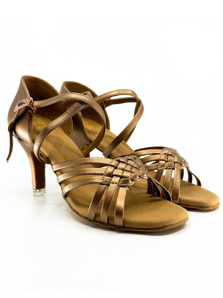 Premium Latin America latin dance sandal in bronze micro fibre and 3 inch stiletto heel 