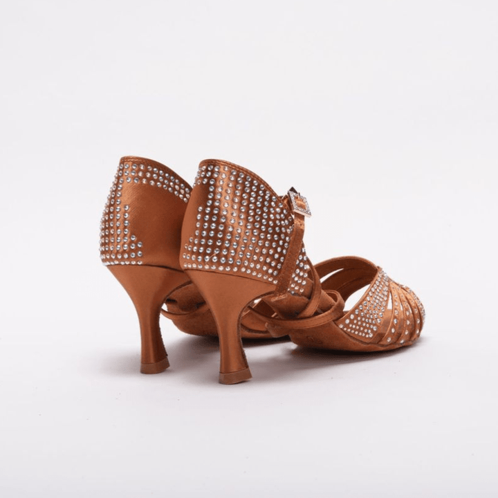 Premium Latin Dance Sandal In Dark Tan With Diamanté In 2.5 Inch Flared Heel