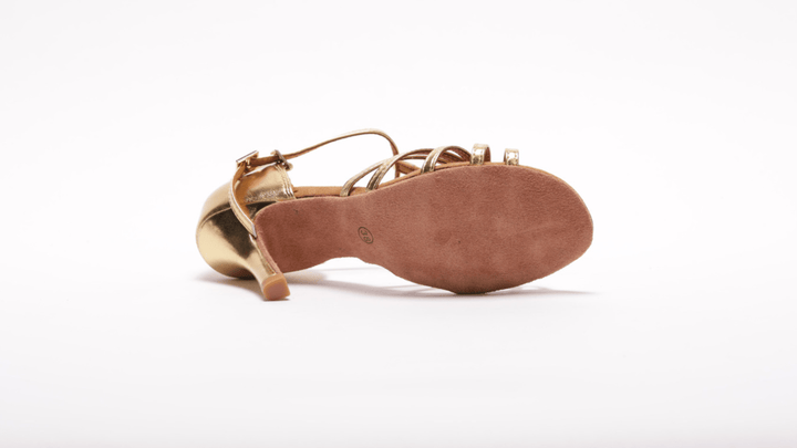 High Performance Latin Dance Sandal In Gold With Tbar Design And 3.5 Inch stiletto Heel