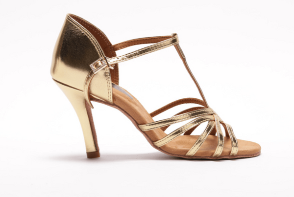 High Performance Latin Dance Sandal In Gold With Tbar Design And 3.5 Inch stiletto Heel
