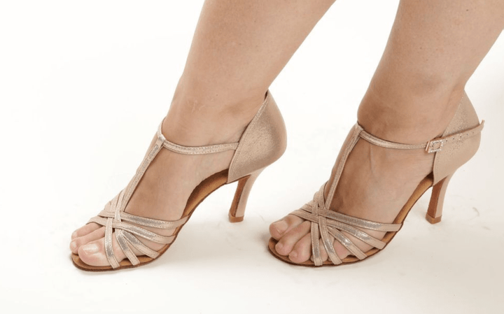 High performance latin dance sandal in shimmer gold with Tbar design and 3.5 inch stiletto heel