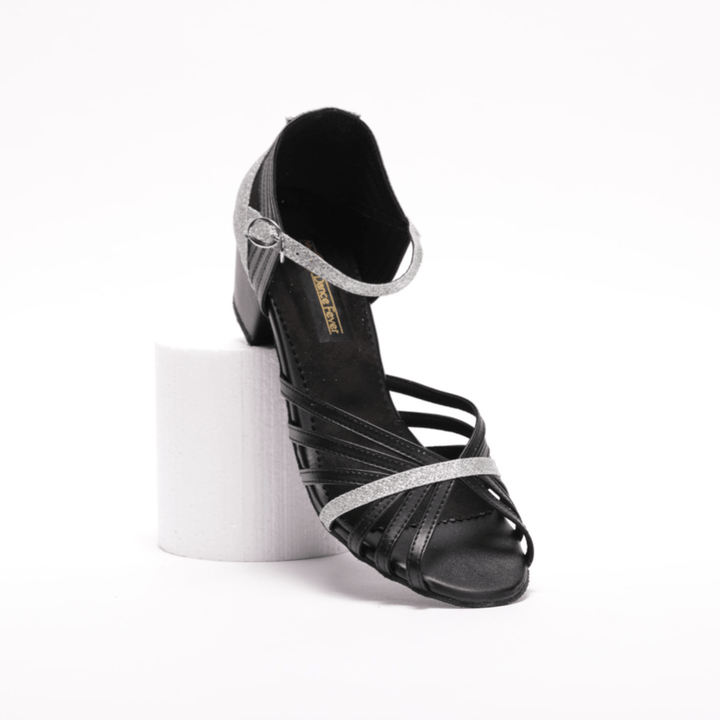 Latin Dance Sandal In Black Leather And Silver Sparkle With Low Cuban Heel