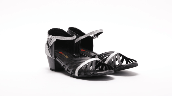 Latin Dance Sandal In Black Leather And Silver Sparkle With Low Cuban Heel