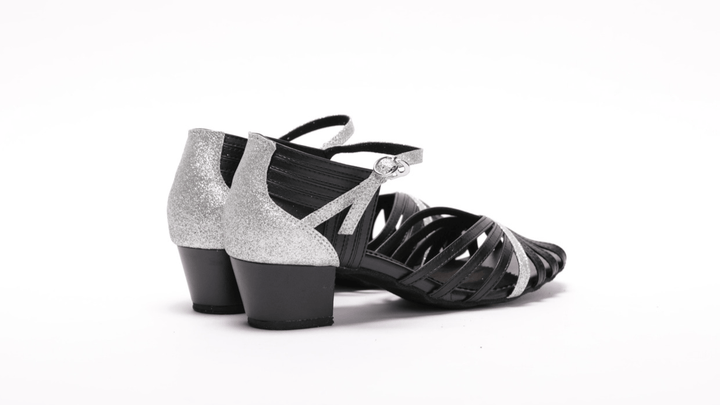 Latin Dance Sandal In Black Leather And Silver Sparkle With Low Cuban Heel