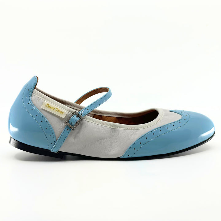 Premium Ladies Rock and Roll/Swing Mary Jane Dance Flats In Pale Blue and White Leather with Polished Ultra Flexible Rubber Sole