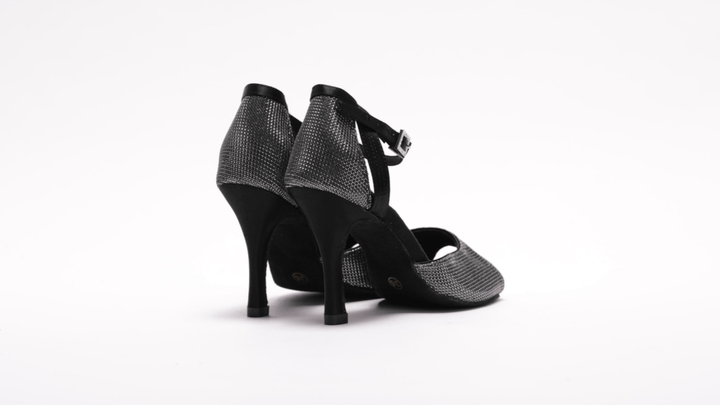 Tango Heels In Black Satin And Silver 3D Fabric With 3.5 Inch Stiletto Heel