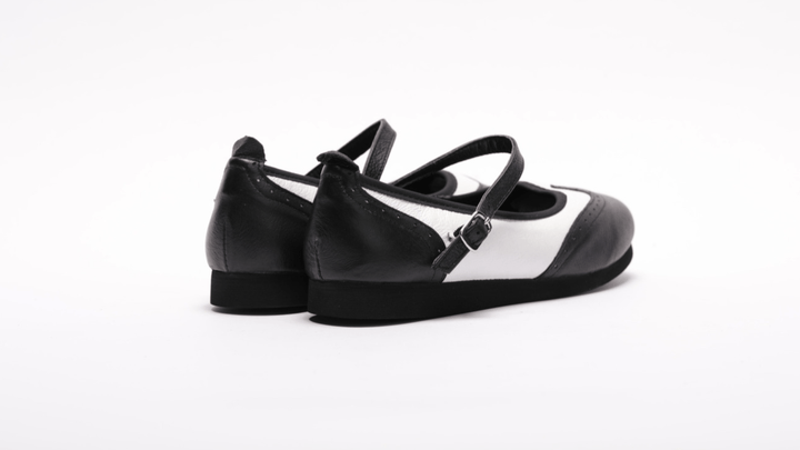 Premium women's rock and roll Mary janes dance flats in black and white leather wingtip