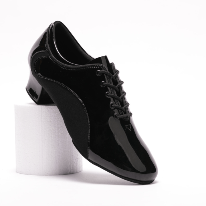 Premium men's high performance latin dance shoes in black patent with stretchy fabric