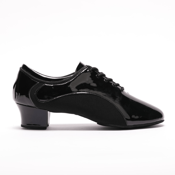 Premium men's high performance latin dance shoes in black patent with stretchy fabric