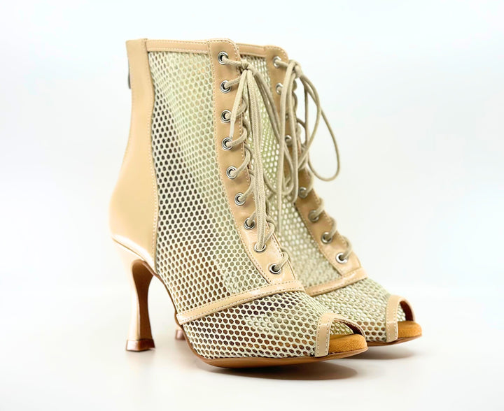 Premium Beige Patent And Mesh Ladies Commercial Heel Dance Boots In 3.3 In Flared Heel