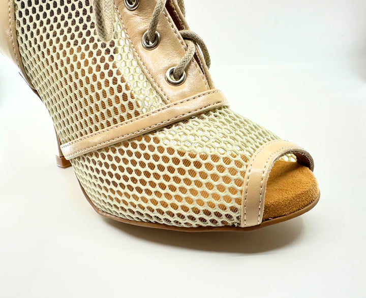 Premium Beige Patent And Mesh Ladies Commercial Heel Dance Boots In 3.3 In Flared Heel