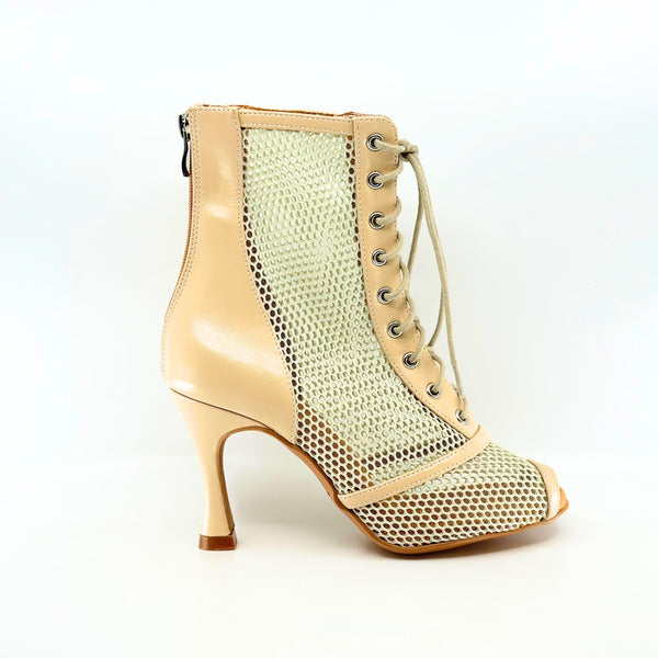 Premium Beige Patent And Mesh Ladies Commercial Heel Dance Boots In 3.3 In Flared Heel