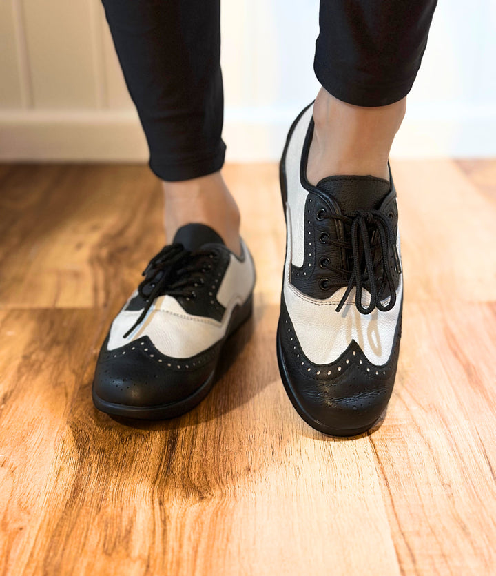 Black And White Leather Wingtip Dance Sneaker With Raised Pivot Points Spin Spot