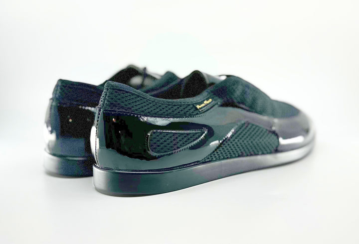 Premium Men's Dance Sneaker With Raised Duo Pivot Spin Spot In Black Patent And Micro Netting
