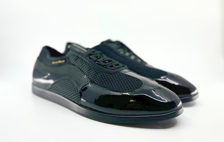 Premium Men's Dance Sneaker With Raised Duo Pivot Spin Spot In Black Patent And Micro Netting